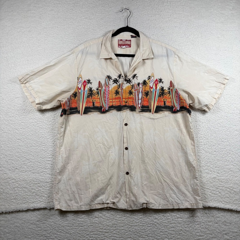 Vtg RJC Hawaiian Shirt Mens Surfboard Sunset Graphic Camp 2XL Tropical Retro
